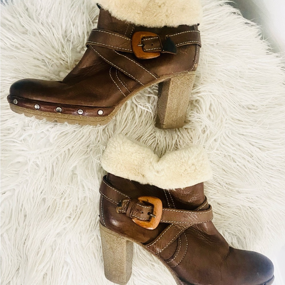 Women’s Manas Brown Leather Fleece Lined Fur Cuff Ankle Boots Studs Block Heel - Picture 1 of 11